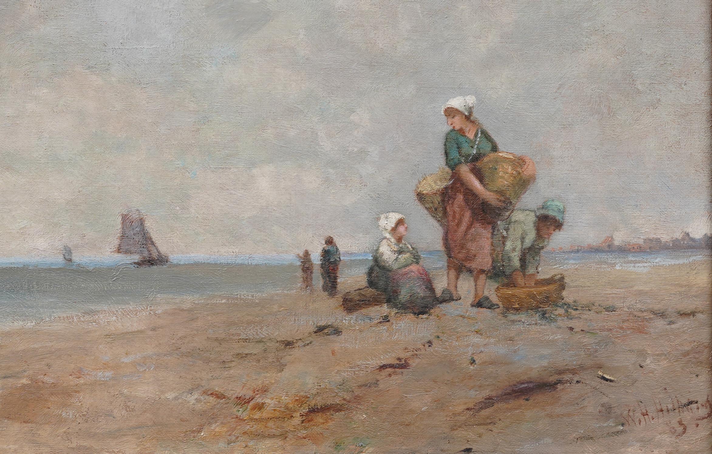 Antico dipinto a olio su spiaggia firmato dall'impressionista europeo e ben incorniciato in vendita 1