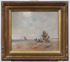 Antique European Impressionist Signed Beach Scene Nicely Framed Oil Painting