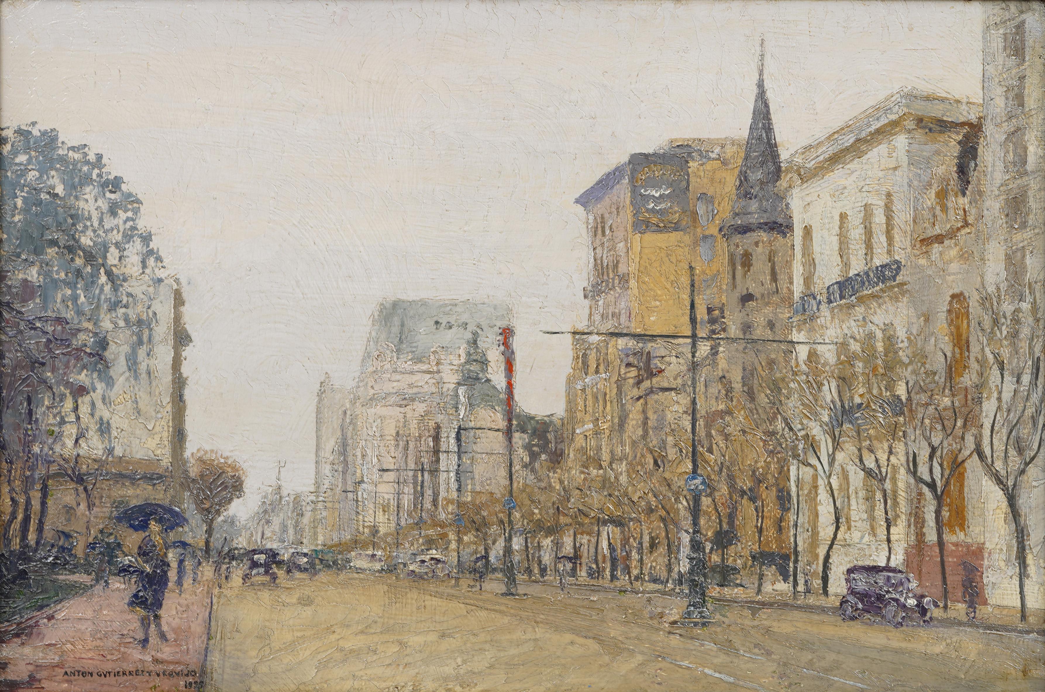 Antike europäische impressionistische Straßenszene Gerahmtes Original signiertes Ölgemälde (Impressionismus), Painting, von Unknown