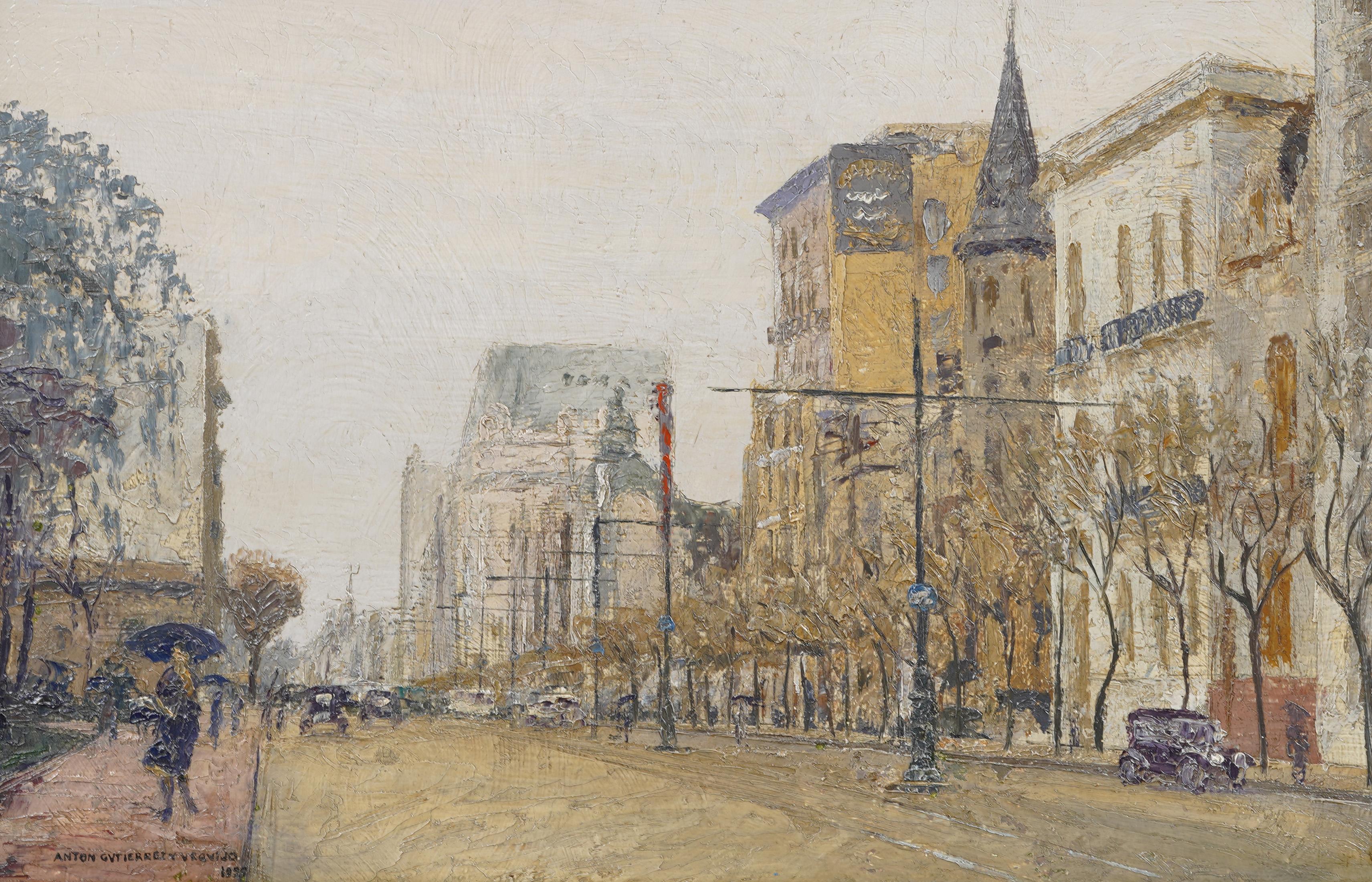 Antike europäische impressionistische Straßenszene Gerahmtes Original signiertes Ölgemälde (Schwarz), Landscape Painting, von Unknown