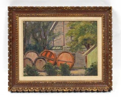 Antique European Impressionist Wine Barrel Oil Painting "Outside the Winery"