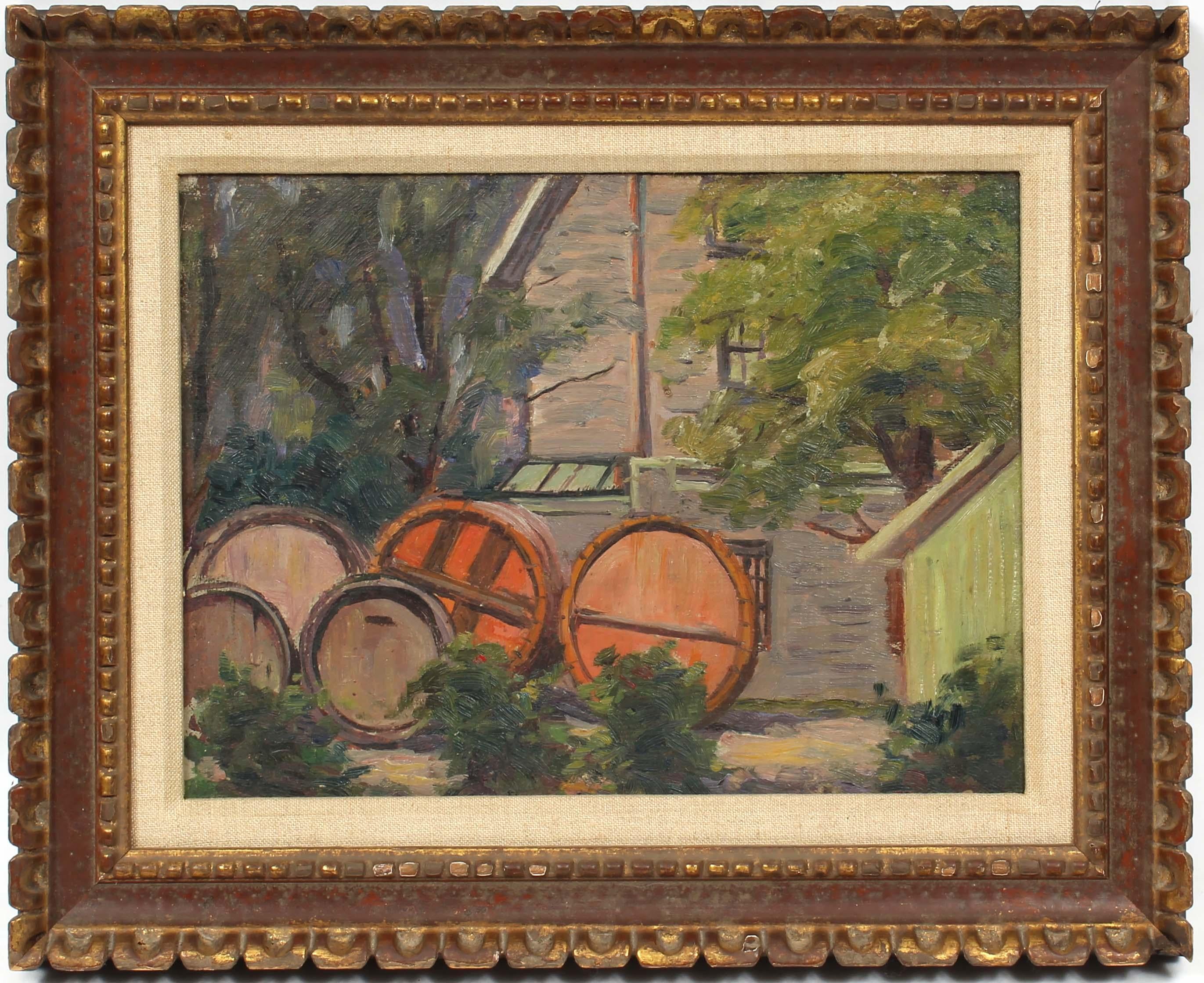 A beautiful impressionist painting depicting wine barrels in a rustic country landscape.

Unsigned this painting was obviously created by the hand of a very talented painter.

Likely European but possibly an American artist who traveled to overseas