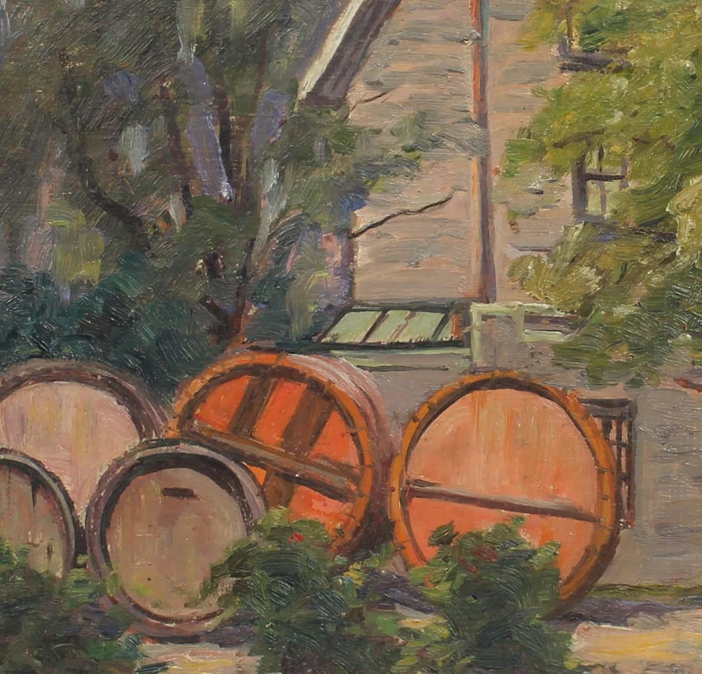 Antique European Impressionist Wine Barrel Oil Painting 