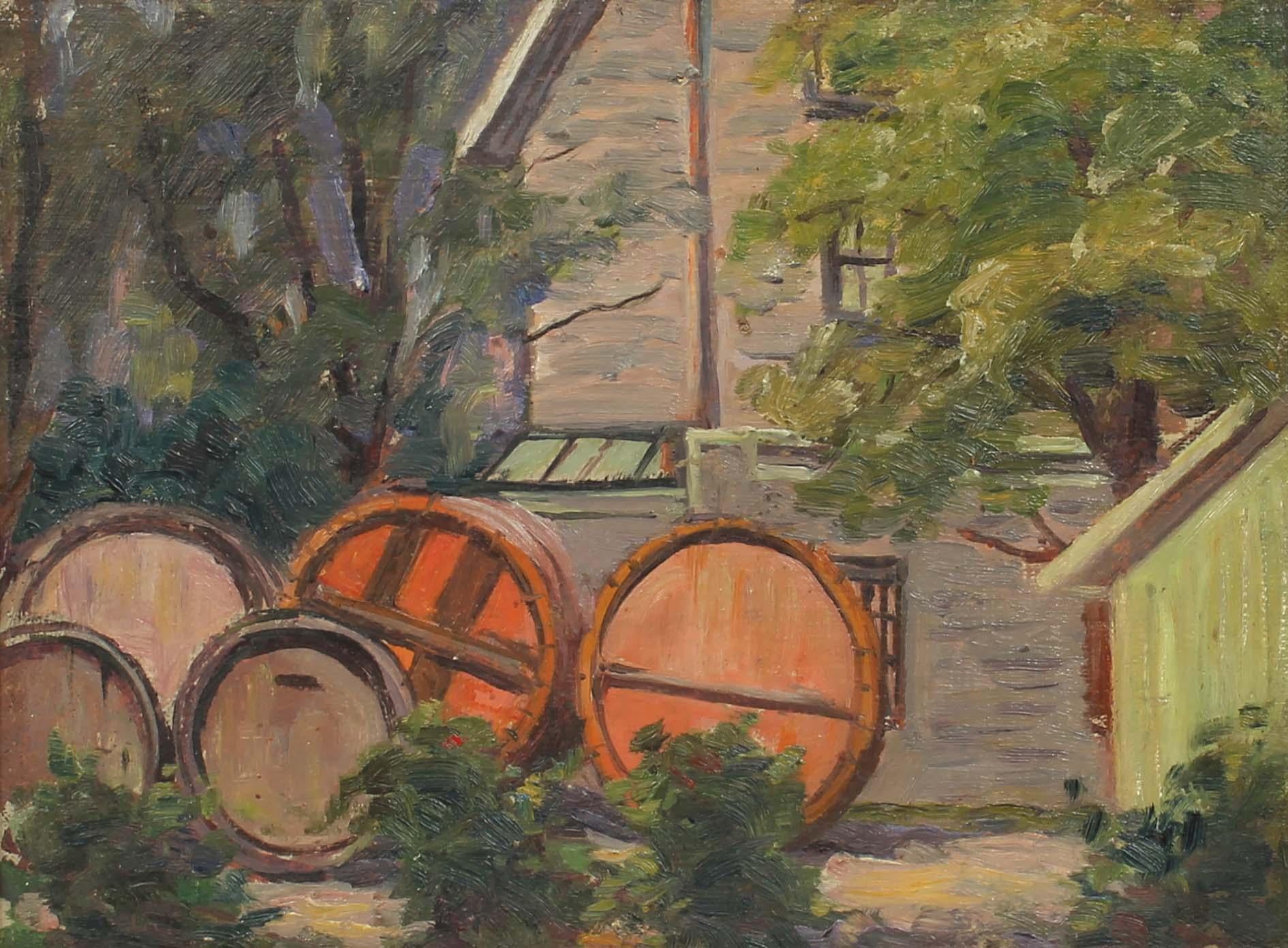 Antique European Impressionist Wine Barrel Oil Painting 