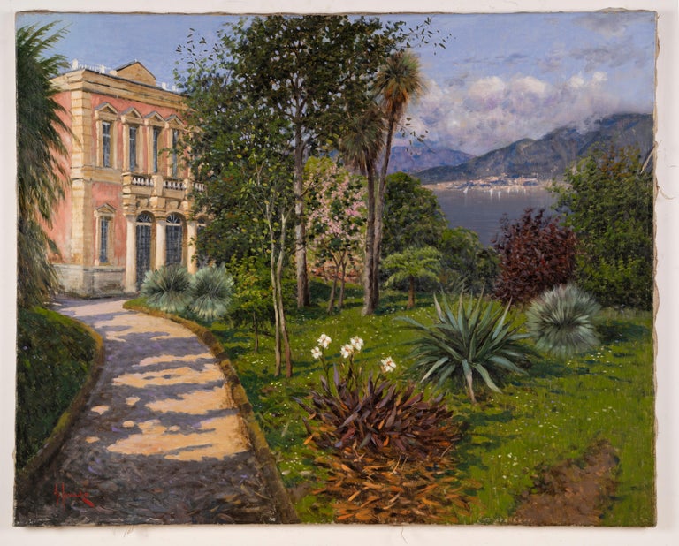 Antique European Large Impressionist Lake Como Italian Landscape Oil Painting - Black Landscape Painting by Unknown