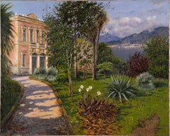 Antique European Large Impressionist Lake Como Italian Landscape Oil Painting