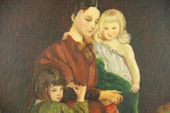 Antique European Mother and Children Oil Painting, Gilt Frame, 1940