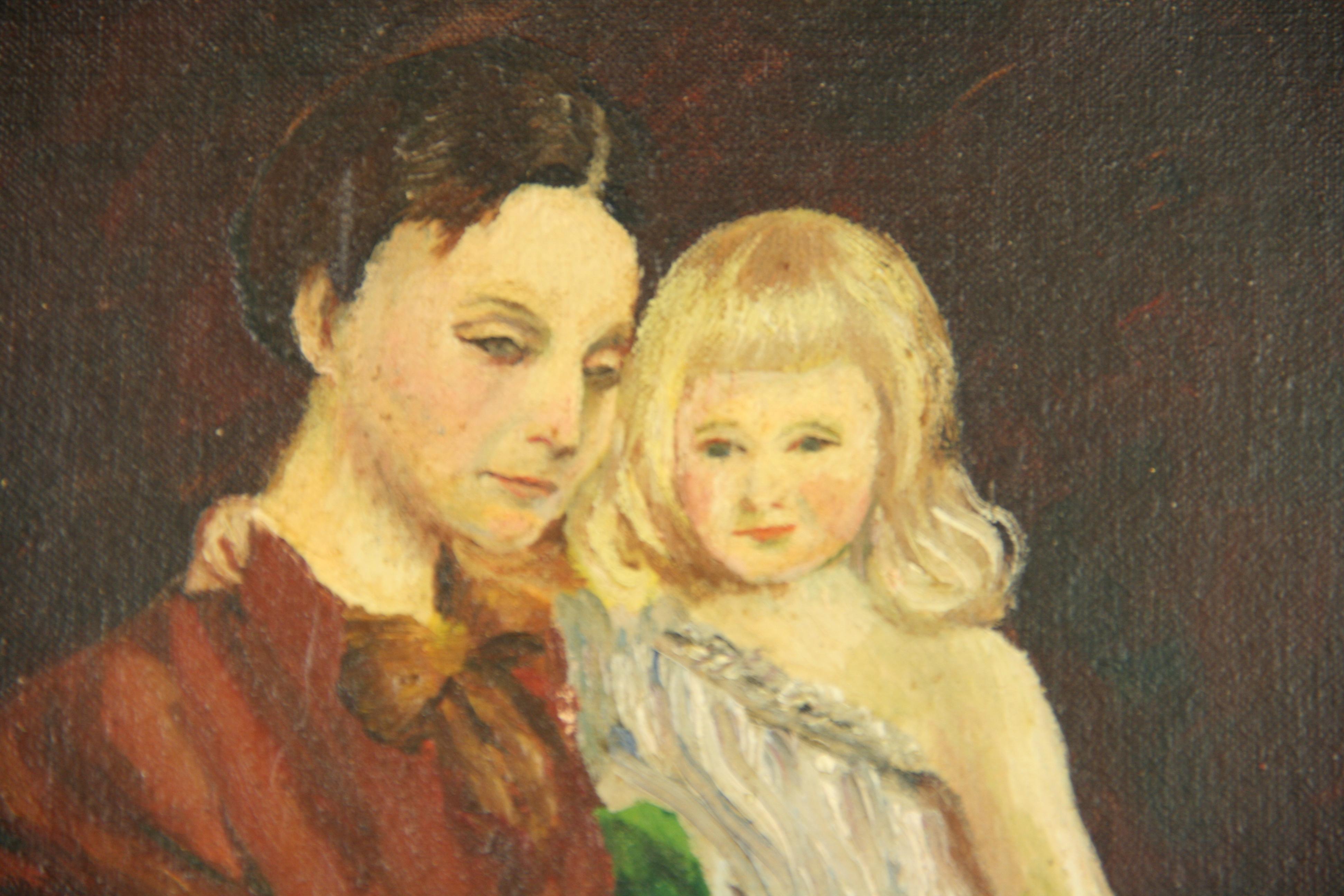 Antigua familia europea de madre e hijos  Pintura al óleo 1940 - Figurative Painting Marrón de Unknown