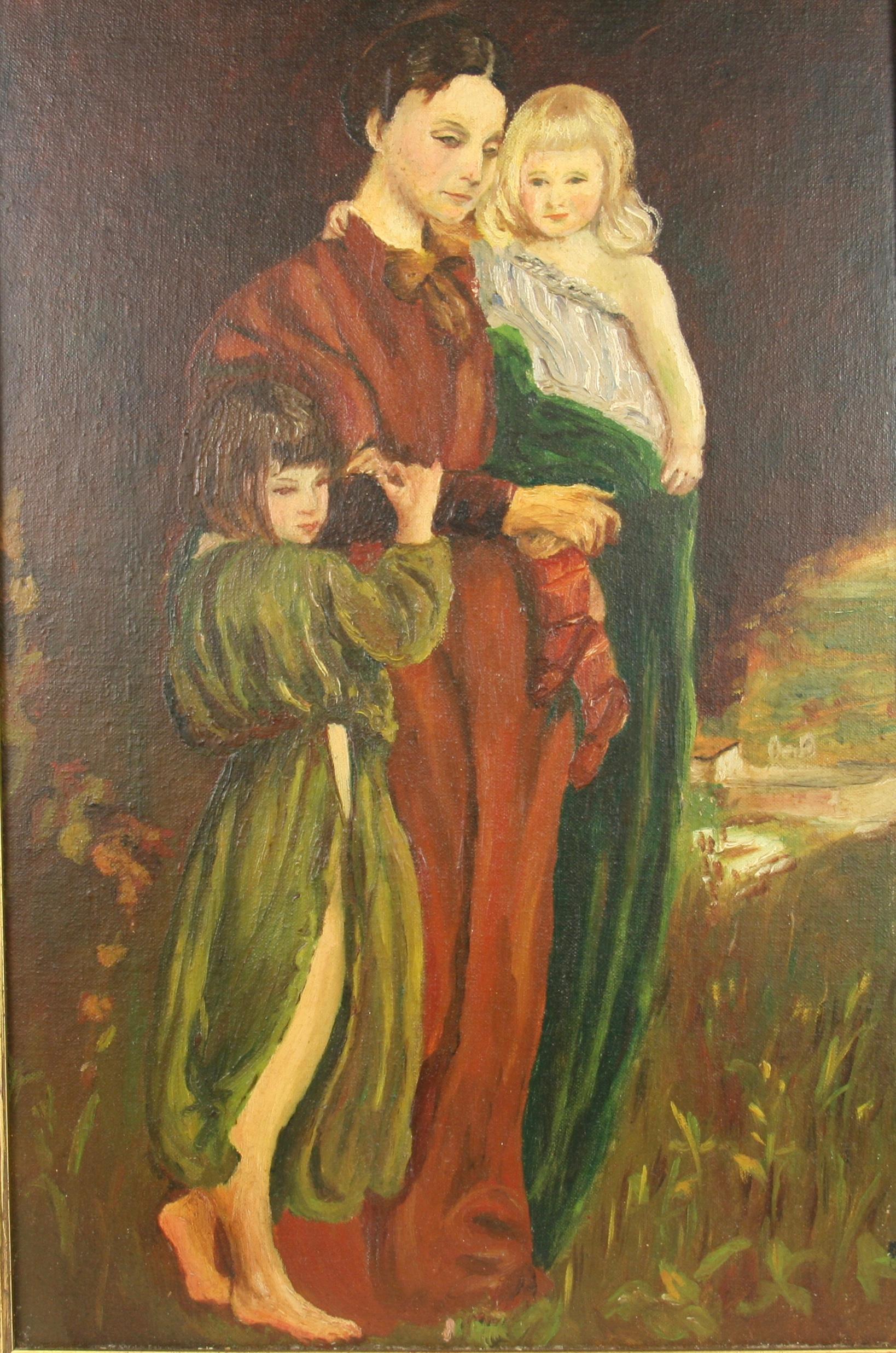 Antigua familia europea de madre e hijos  Pintura al óleo 1940 en venta 1