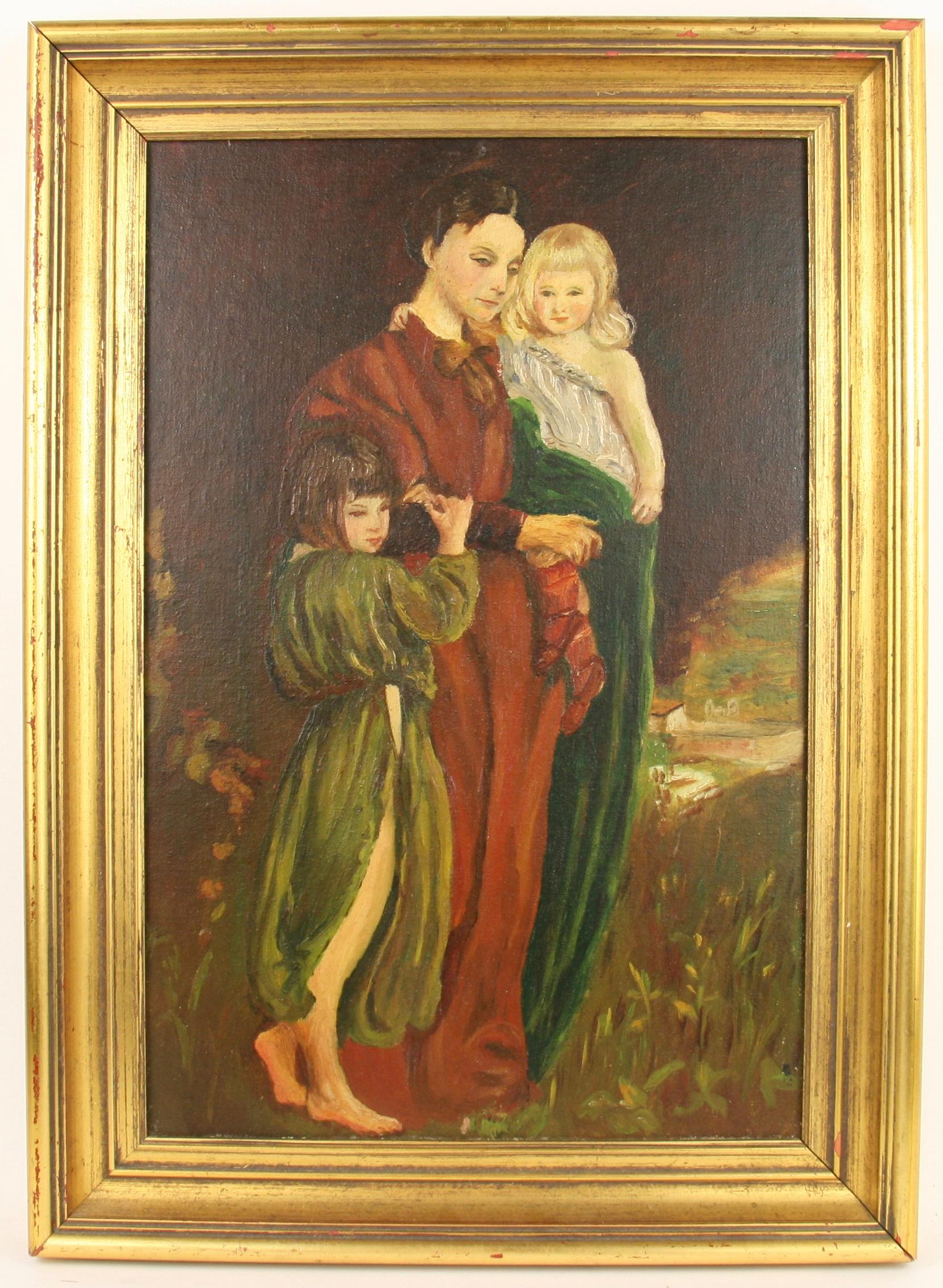 Antigua familia europea de madre e hijos  Pintura al óleo 1940 en venta 2