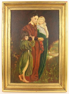 Antica famiglia europea composta da madre e figli  Pittura ad olio 1940