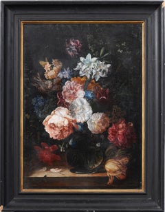 Antique European Old Master Style Flower Still Life Framed Interior Oil Painting
