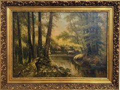 Antique European Original Oil Painting on Canvas, Summer Forest Landscape Framed