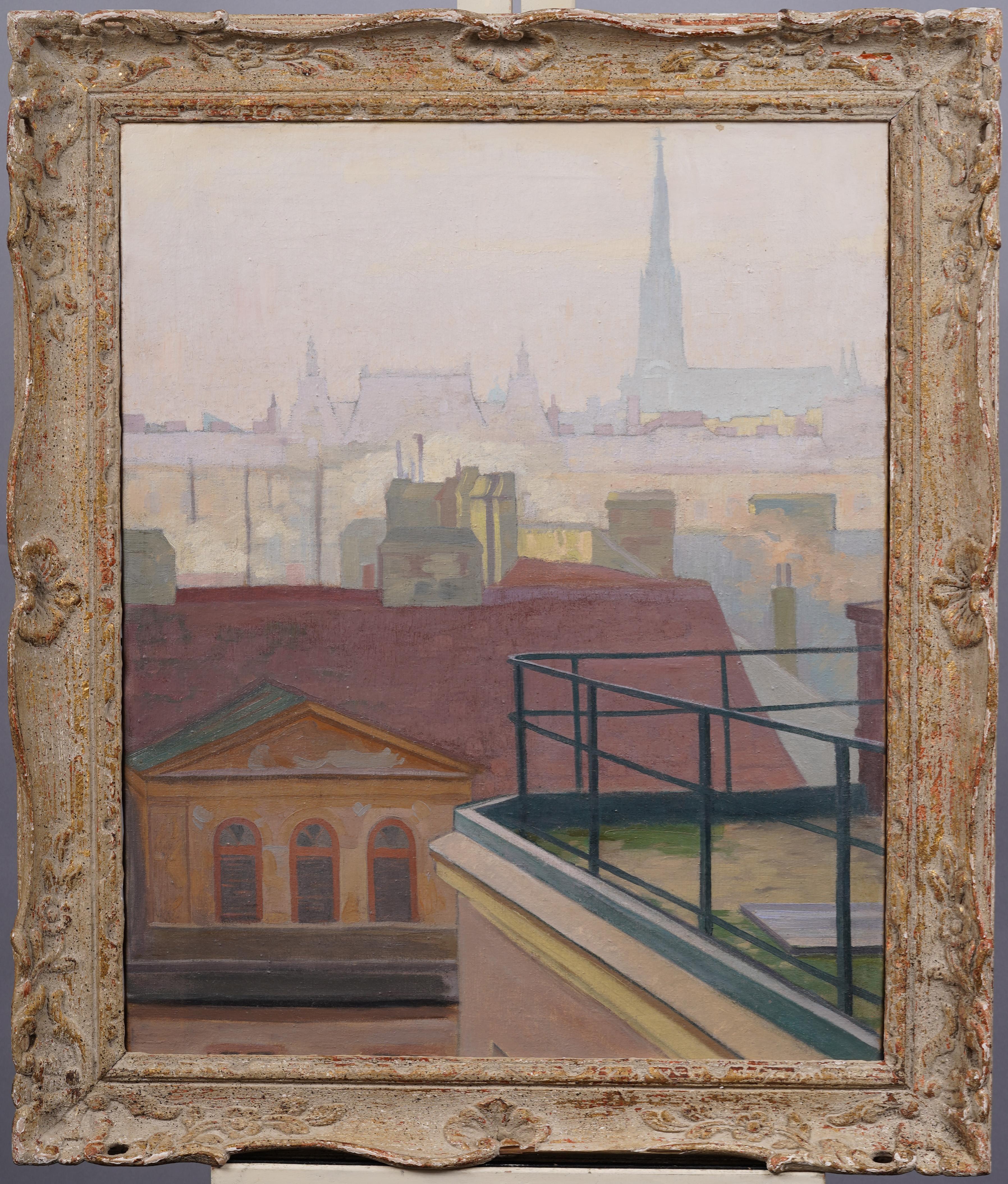 Antique European Paris School Impressionist Cityscape Framed Early Oil Painting - Brown Landscape Painting by Unknown
