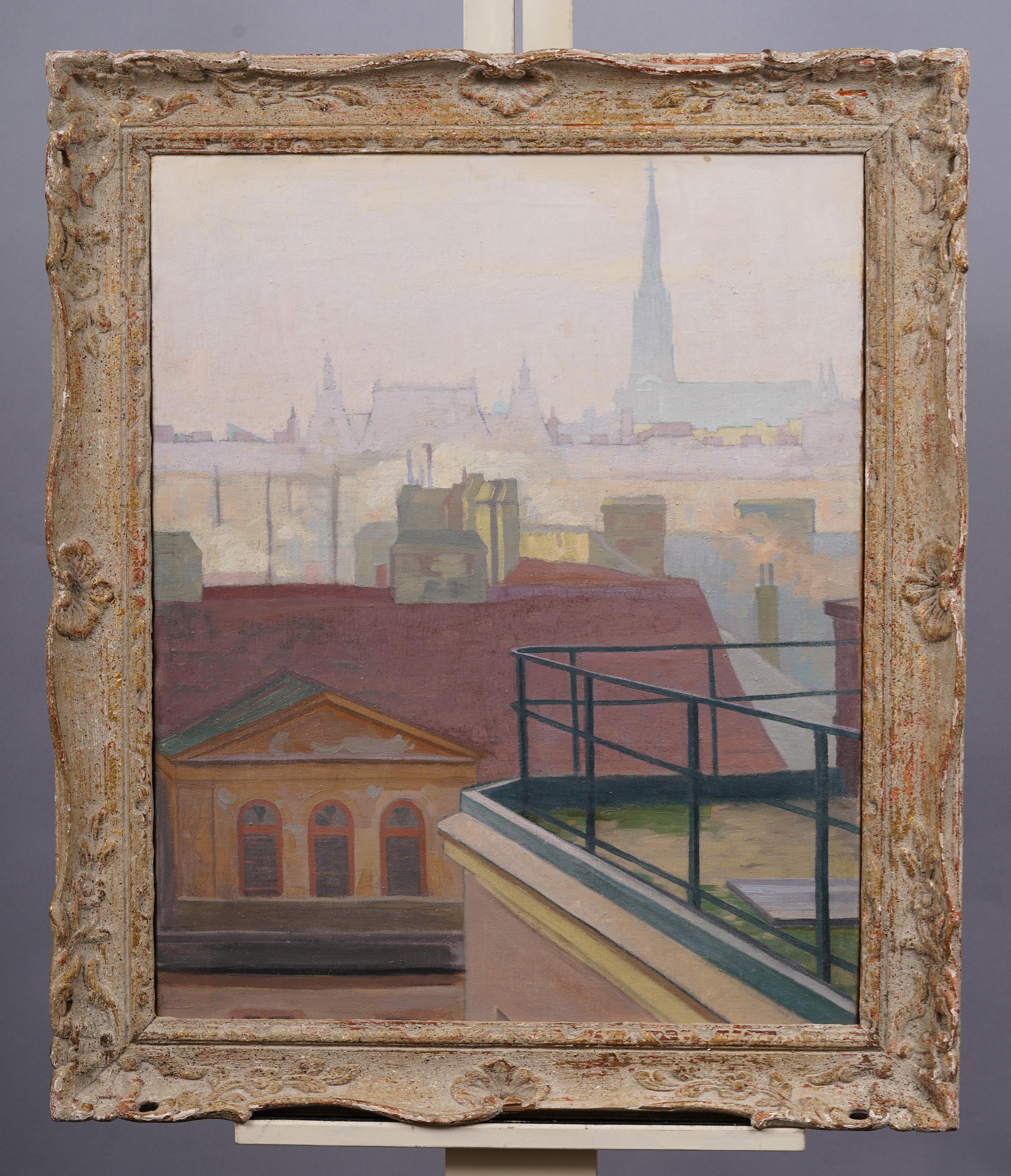 Antique European impressionist cityscape oil painting. Oil on canvas. Signed. Framed. Measuring 28 by 33 inches overall and 22.5 by 27.25 painting alone
