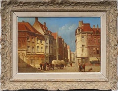 Ancienne peinture européenne réaliste encadrée représentant une scène de rue avec des chevaux 19ème siècle