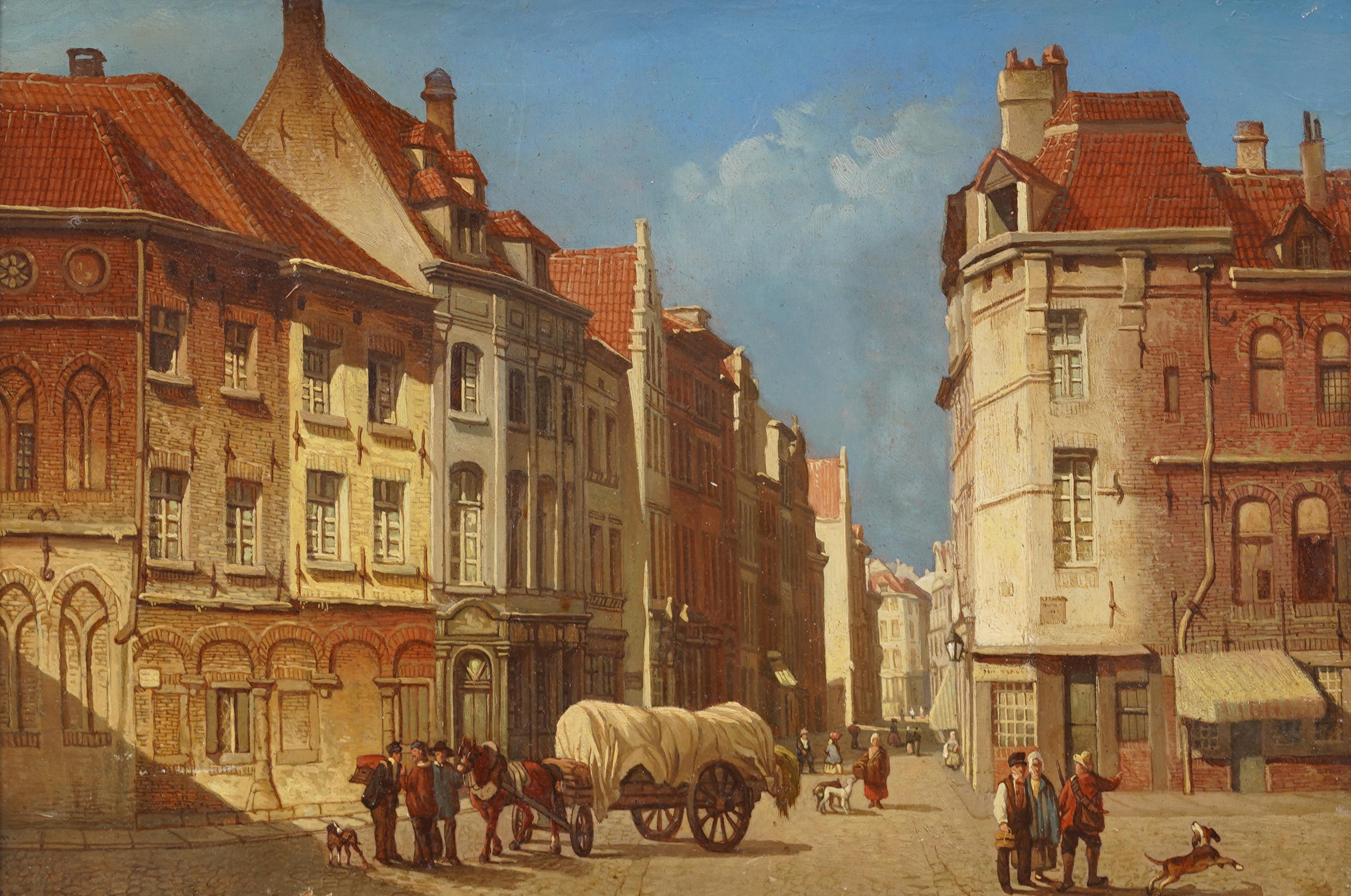 Antique European street scene oil painting. Oil on panel. Framed. Measuring 14 by 19 inches overall and 10 by 14 painting alone.  In excellent original condition.  Handsomely framed in an impressionist carved molding.  Excellent condition, ready to