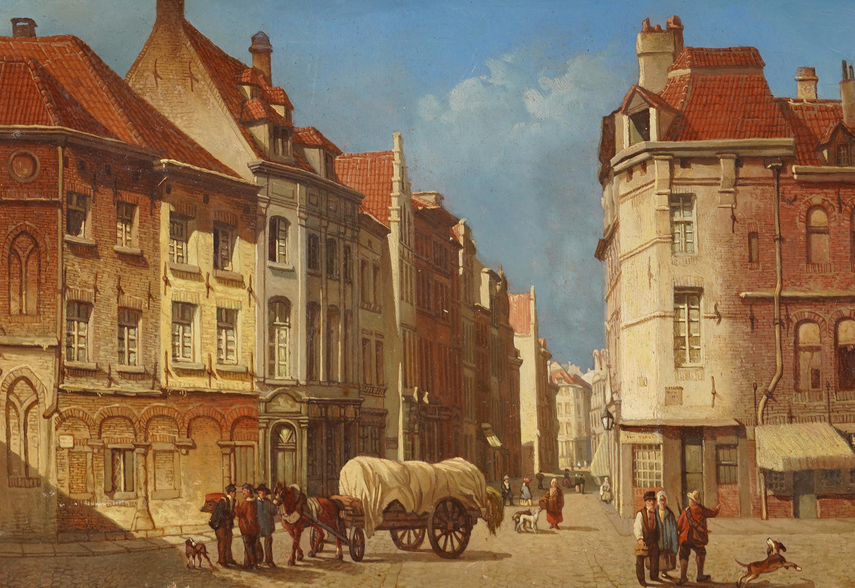 Antique European Realist Framed Street Scene with Horses 19th Century Painting For Sale 1
