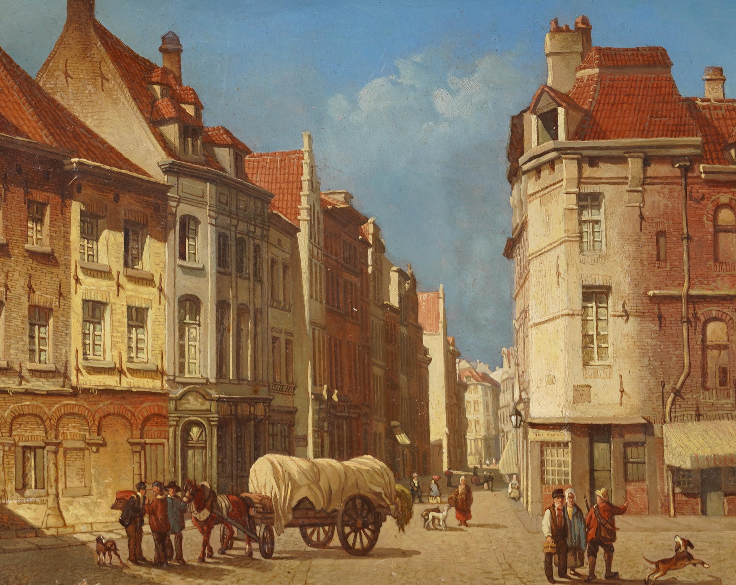 Antique European Realist Framed Street Scene with Horses 19th Century Painting For Sale 2