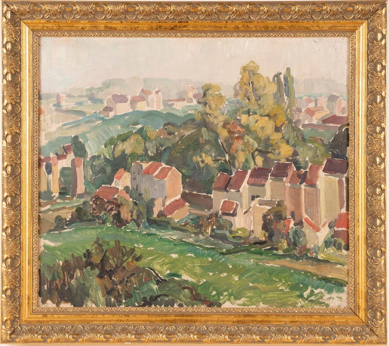 Antique European modernist landscape painting.  Oil on board, circa 1930.  Unsigned.  Image size, 20.5L x  17.5H.  Housed in a period giltwood frame.
