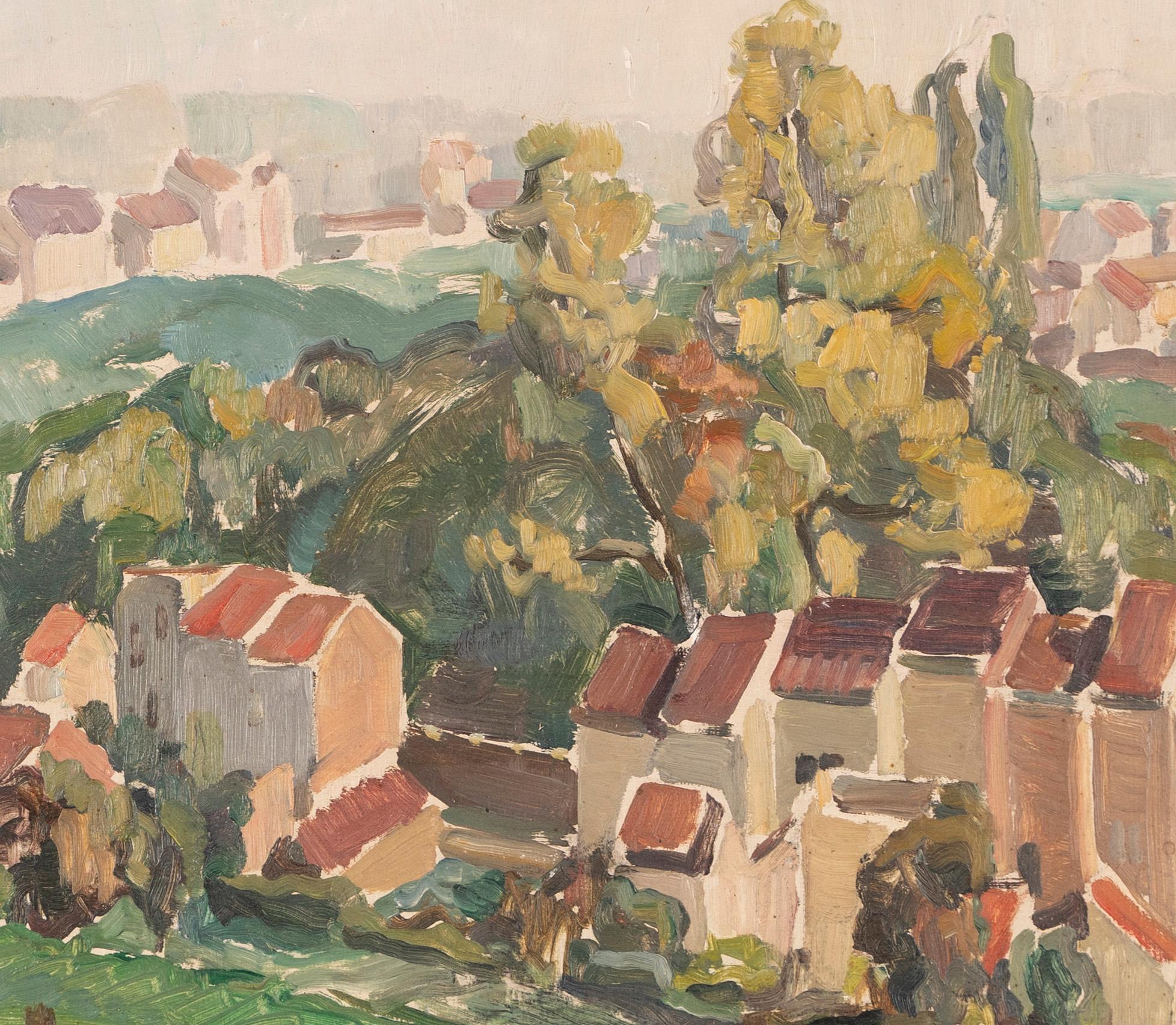 Antique European School Modernist Village Landscape Original Framed Oil Painting For Sale 1