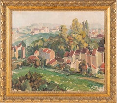 Vintage European School Modernist Village Landscape Original Framed Oil Painting