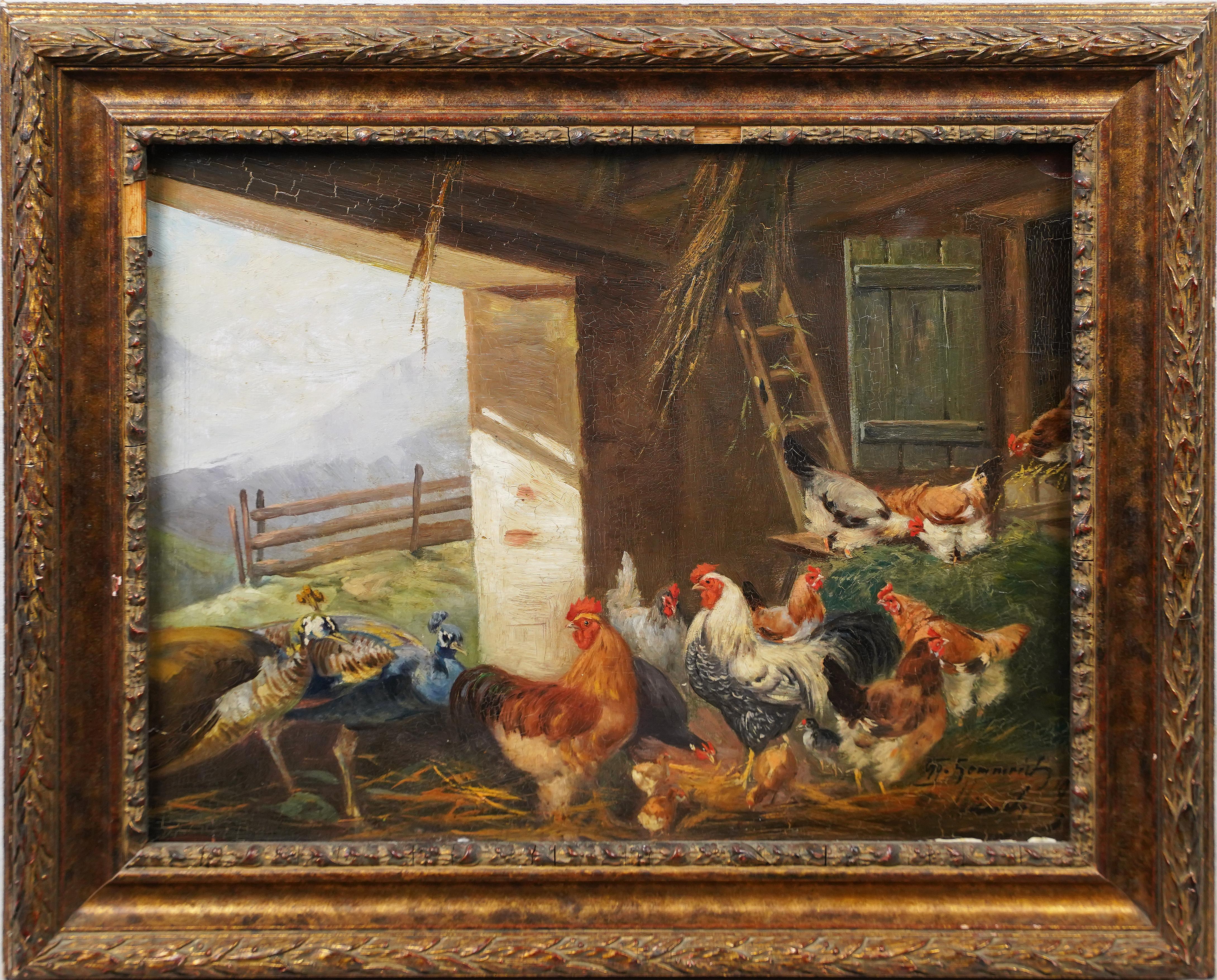 Antique European signed impressionist barnyard oil painting.  Oil on board.  Signed.  Framed.  Image size, 20L x 16H.