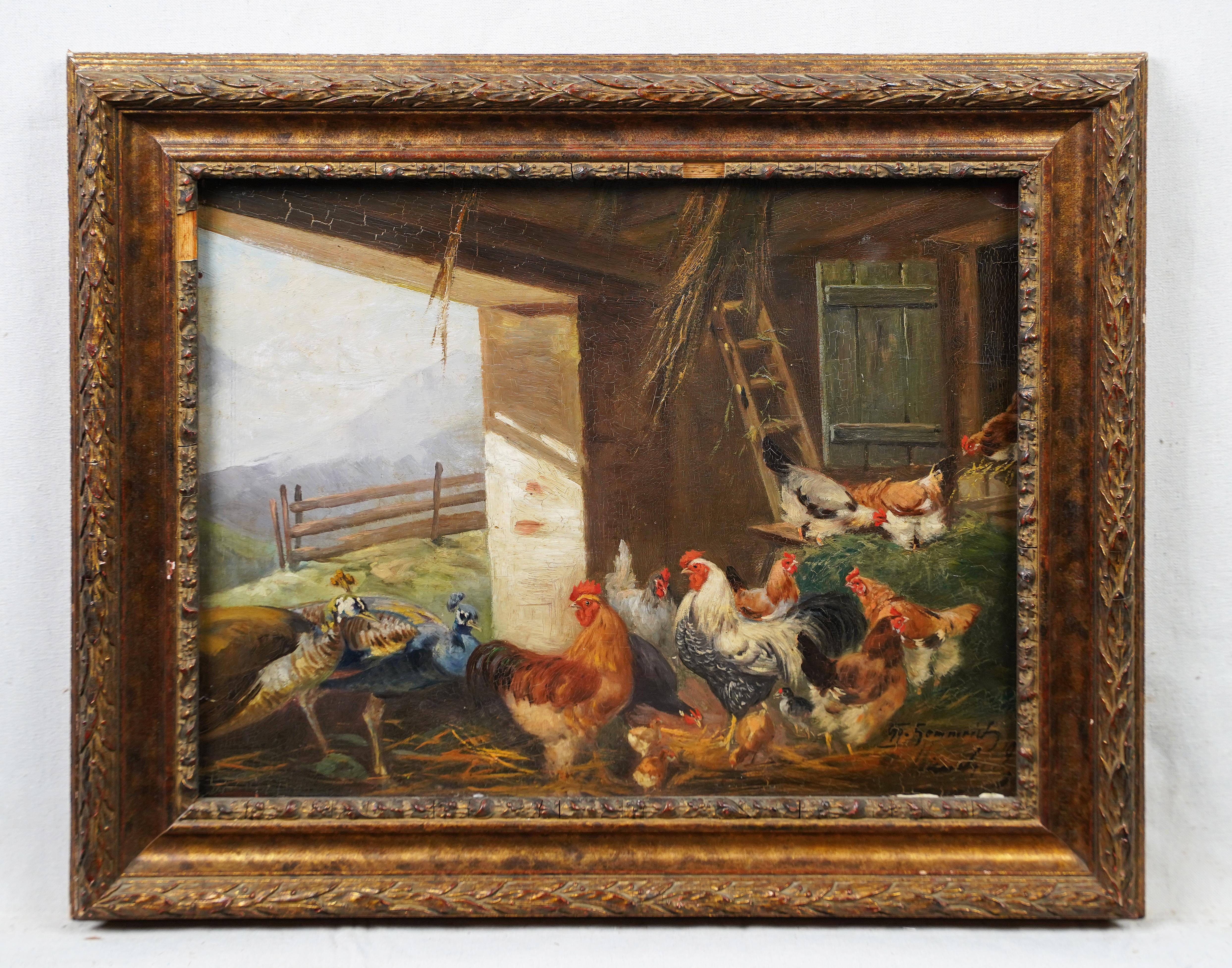 Antique European Signed Impressionist Chicken Peacock Barn Scene Oil Painting 1