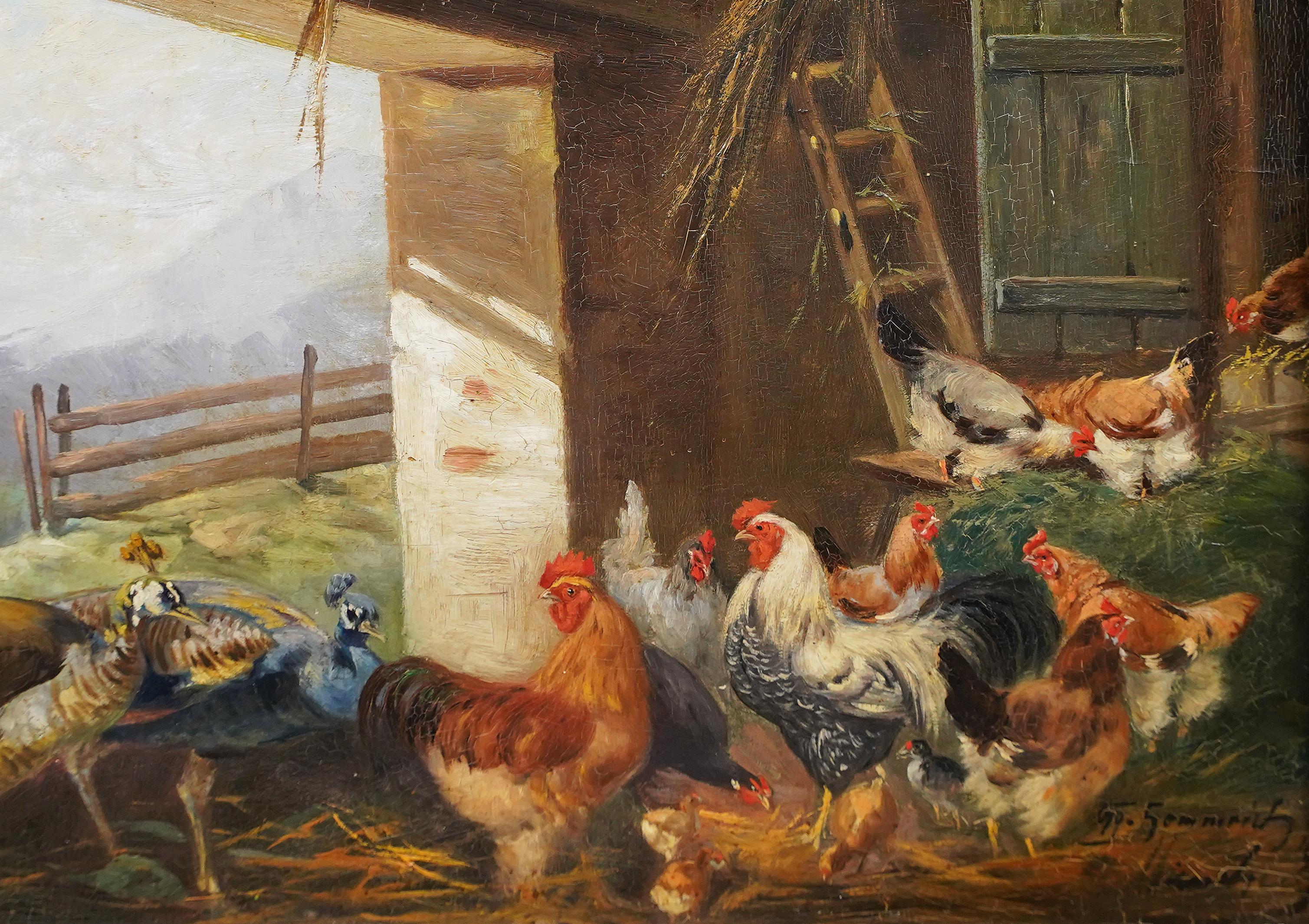 Antico dipinto europeo firmato Impressionista Pollo Pavone Scena di Fienile 1