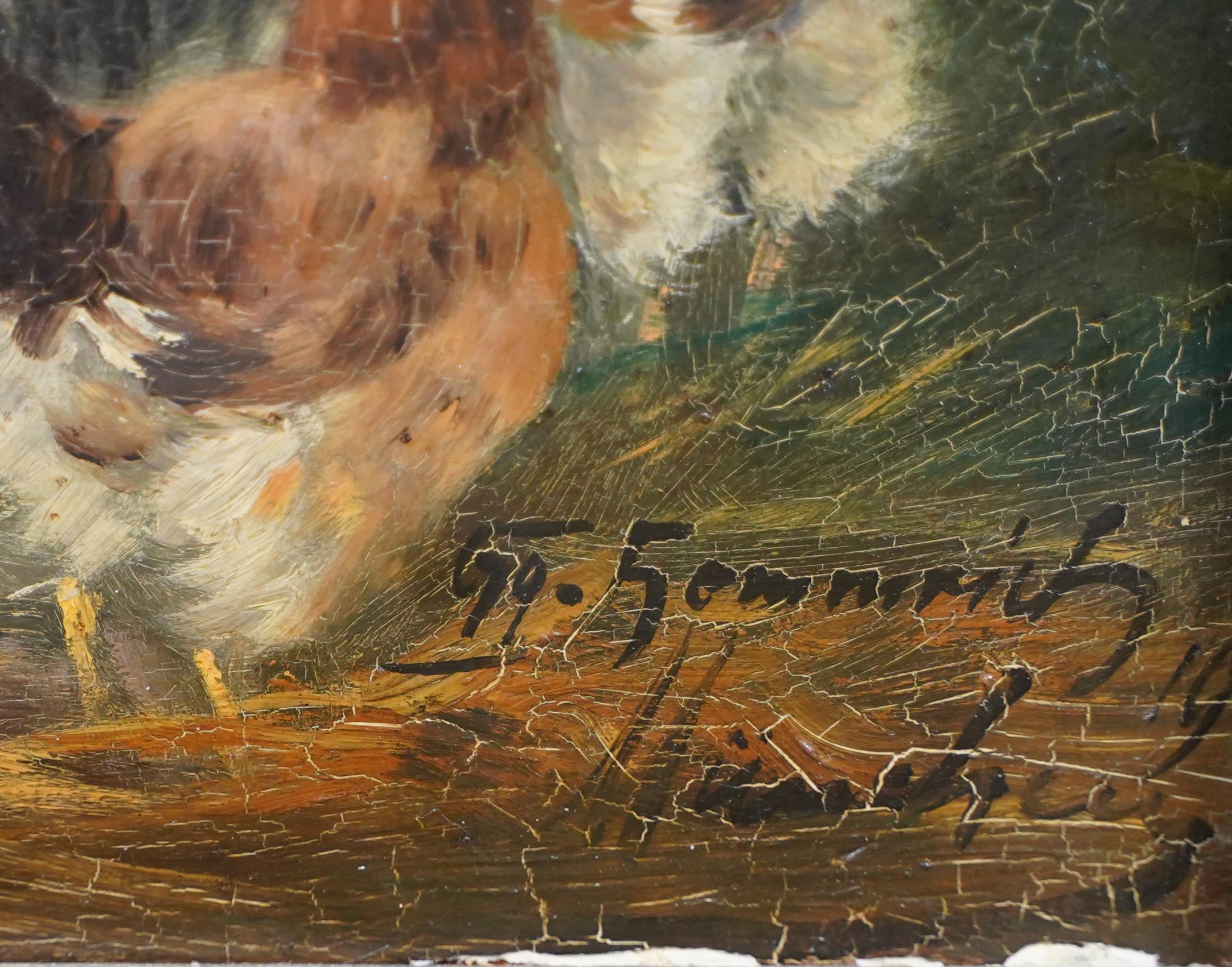 Antico dipinto europeo firmato Impressionista Pollo Pavone Scena di Fienile 2