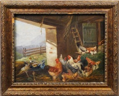 Antique European Signed Impressionist Chicken Peacock Barn Scene Oil Painting