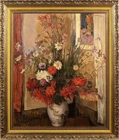 Antique European Signed Impressionist Flower Still Life Interior Oil Painting