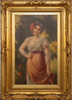 Antique European Signed Impressionist Large Framed Woman Portrait Oil Painting