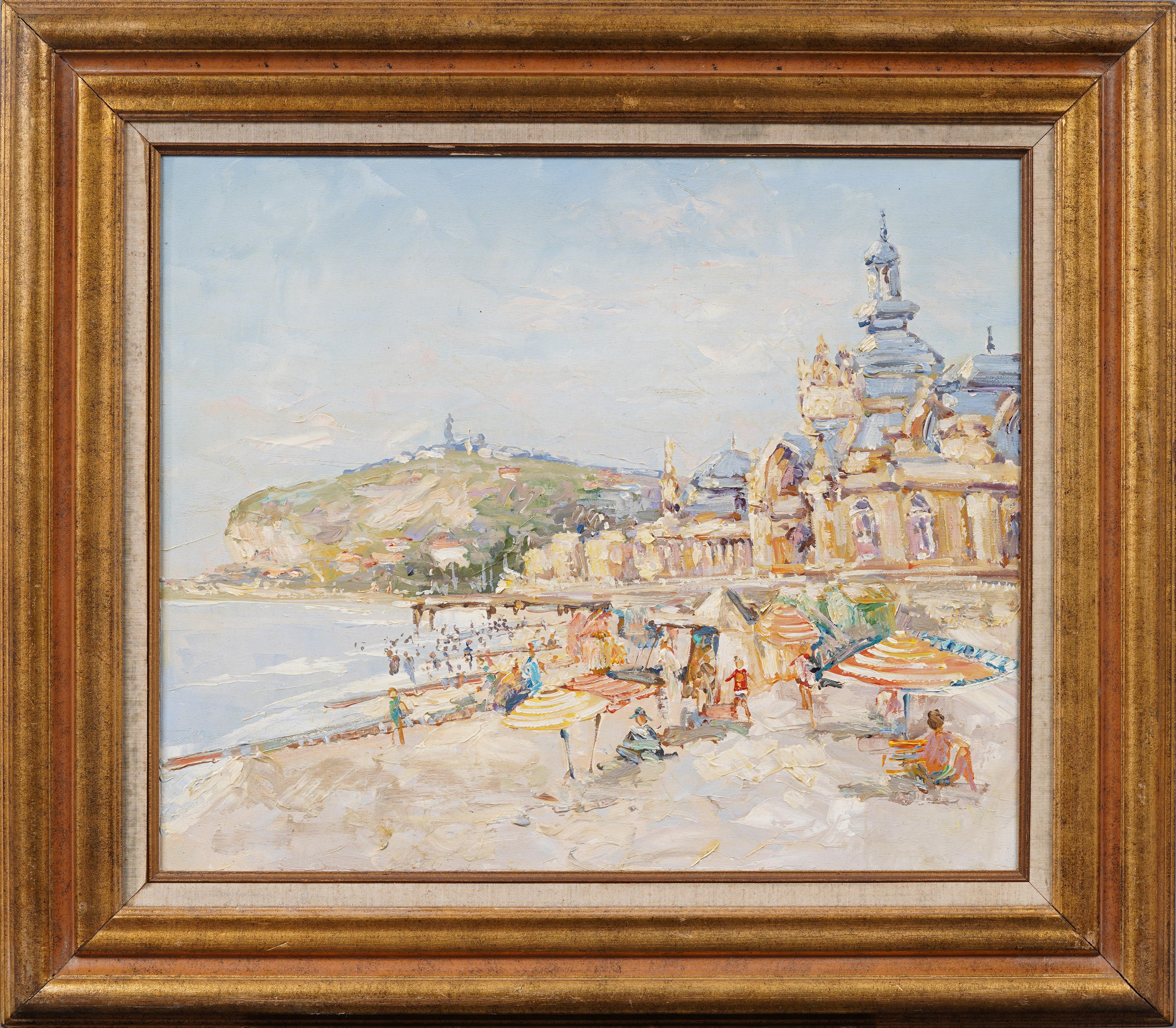 Antico dipinto ad olio europeo con cornice, scena estiva impressionista e vivace sulla spiaggia - Painting di Unknown