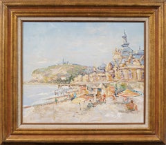 Antique European Summer Impressionist Bustling Beach Scene Framed Oil Painting