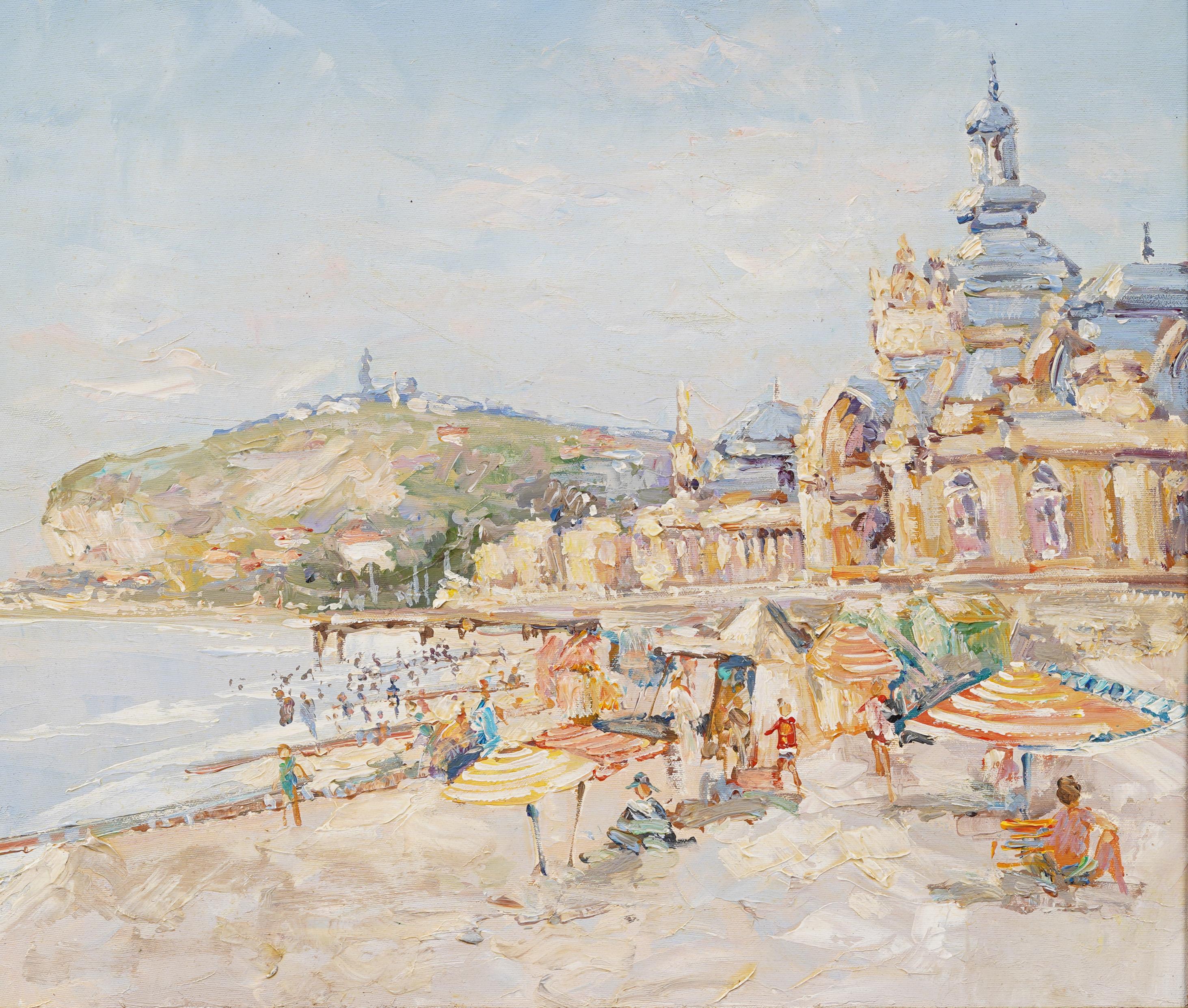 Antico dipinto ad olio europeo con cornice, scena estiva impressionista e vivace sulla spiaggia - Abstract Painting Marrone di Unknown