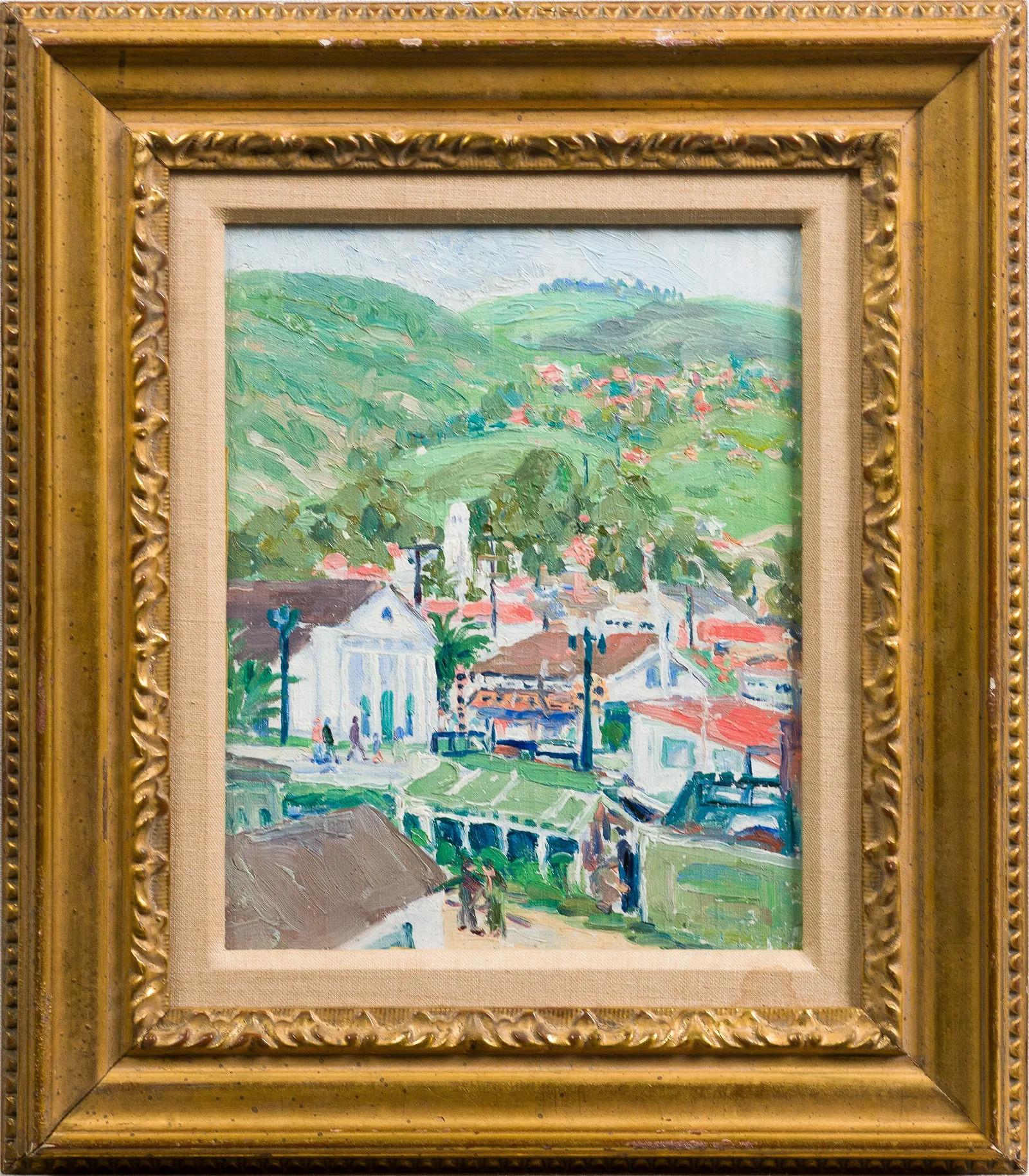 Ancienne peinture à l'huile impressionniste européenne encadrée d'une ville de montagne tropicale - Painting de Unknown