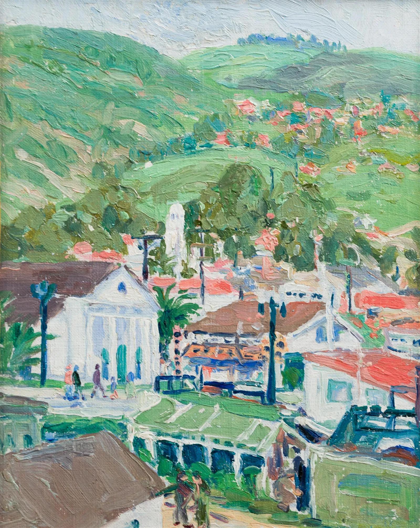 Ancienne peinture à l'huile impressionniste européenne encadrée d'une ville de montagne tropicale - Impressionnisme Painting par Unknown