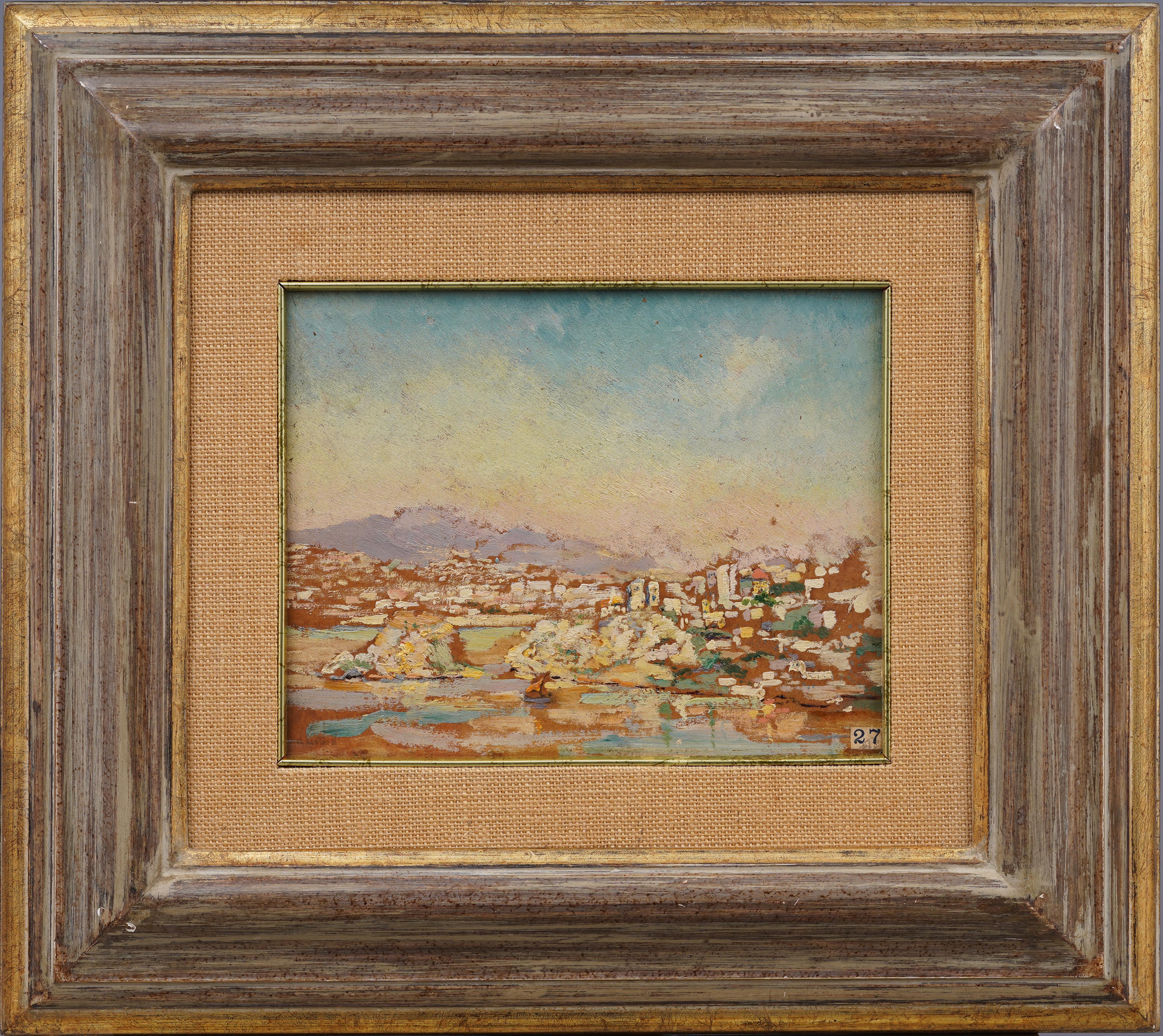 Antico dipinto ad olio con cornice, con firma, del Pireo, scena di porto costiero - Painting di Unknown
