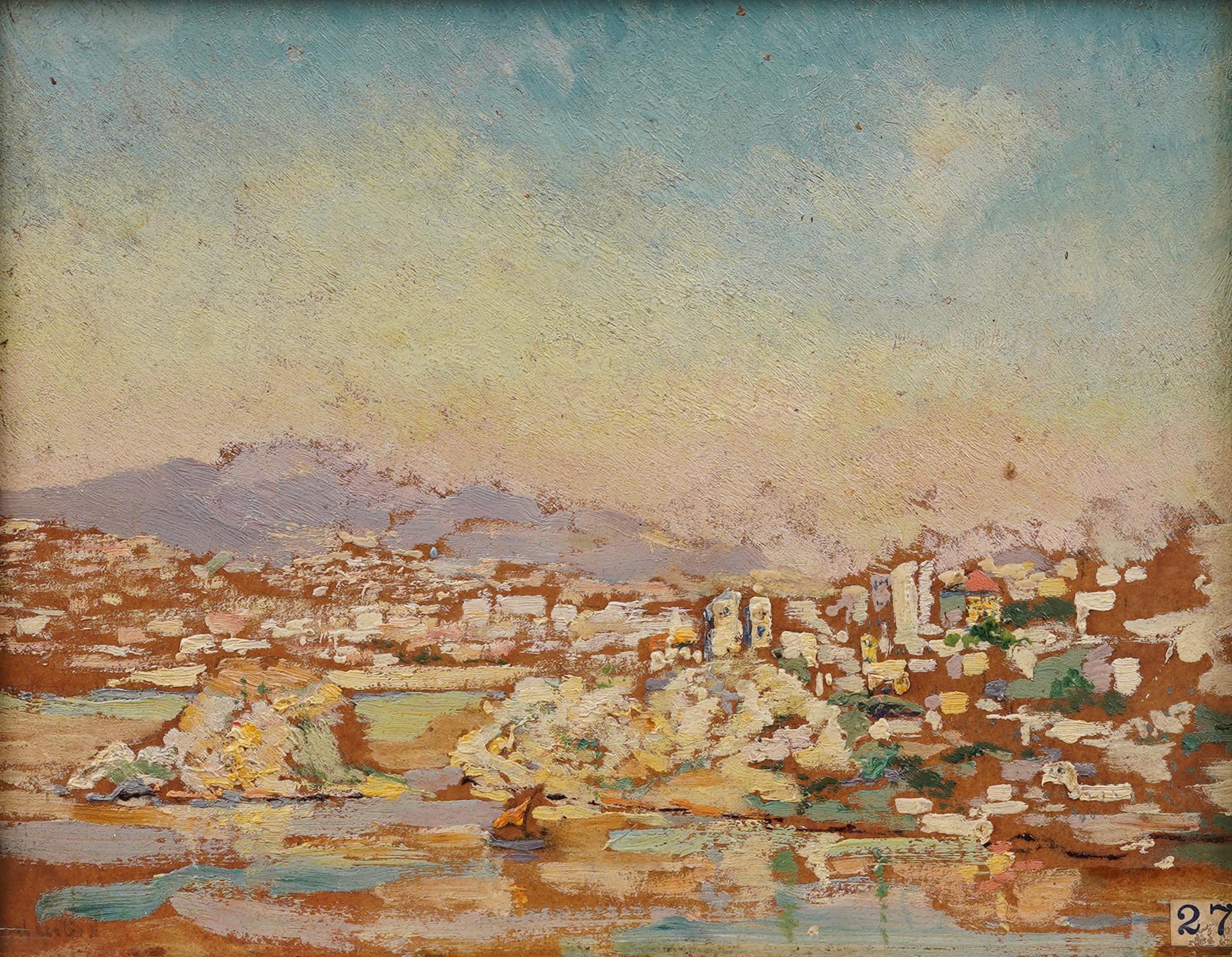 Antico dipinto ad olio con cornice, con firma, del Pireo, scena di porto costiero - Painting Impressionismo di Unknown