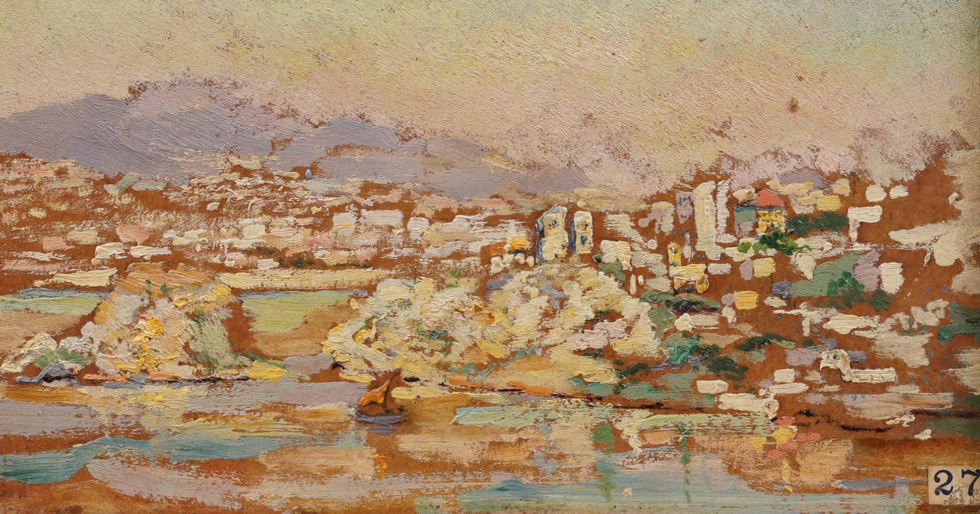 Veduta precocemente impressionista del Pireo, molto finemente dipinta.  Rimane l'etichetta della mostra.  Incorniciato.  Firmato.  Dimensioni dell'immagine, 12L x 9H.
