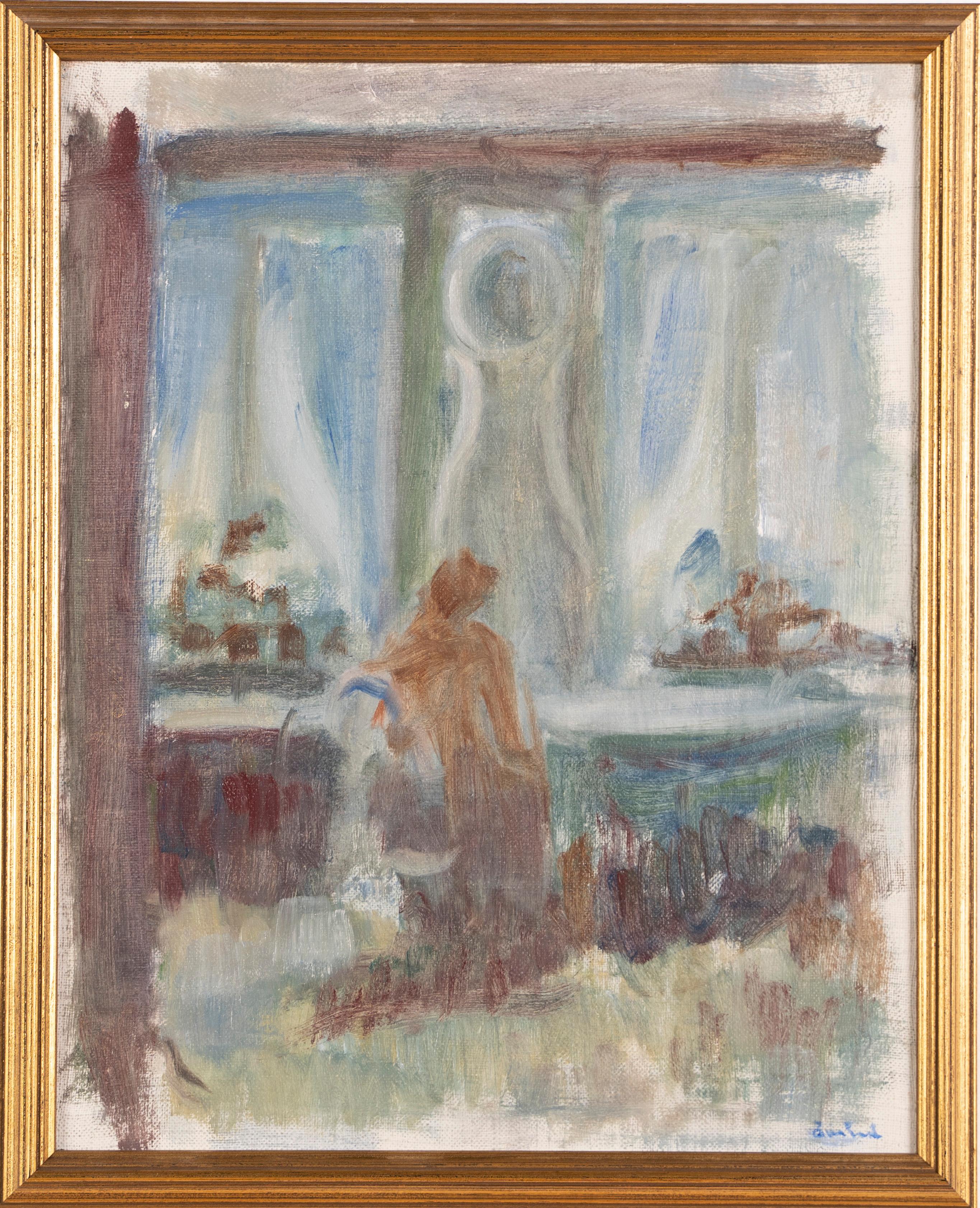 Vintage modernist interior scene painting.  Oil on canvas, lain to board, circa 1940.  Signed.  Image size, 11.5L x 14.5H.  Housed in a period  frame.

