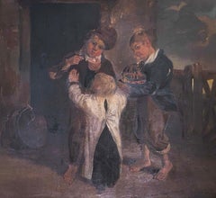 Antique Figurative Oil Painting of Children Playing