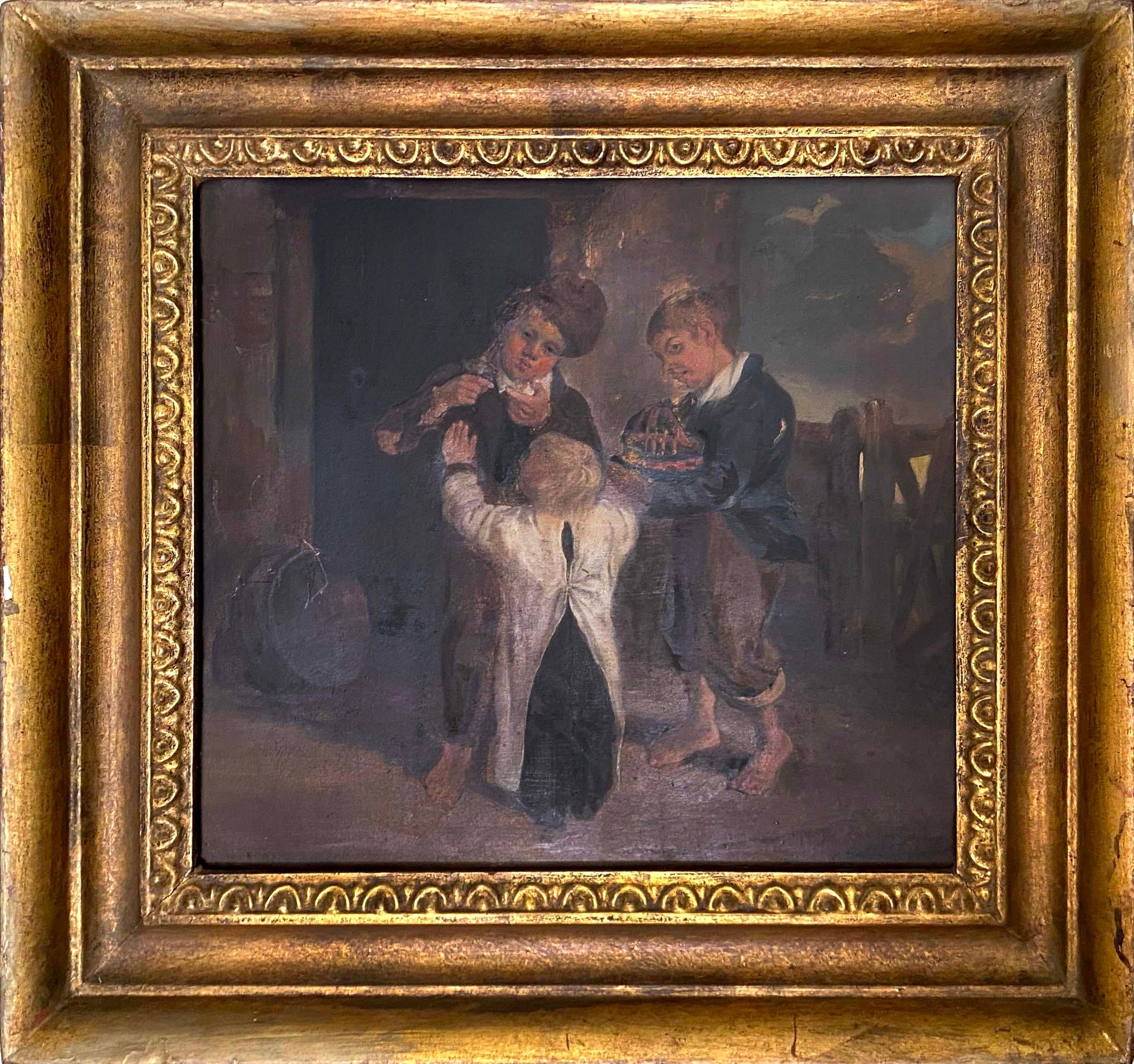 Unknown Figurative Painting - Antique Figurative Oil Painting of Children Playing