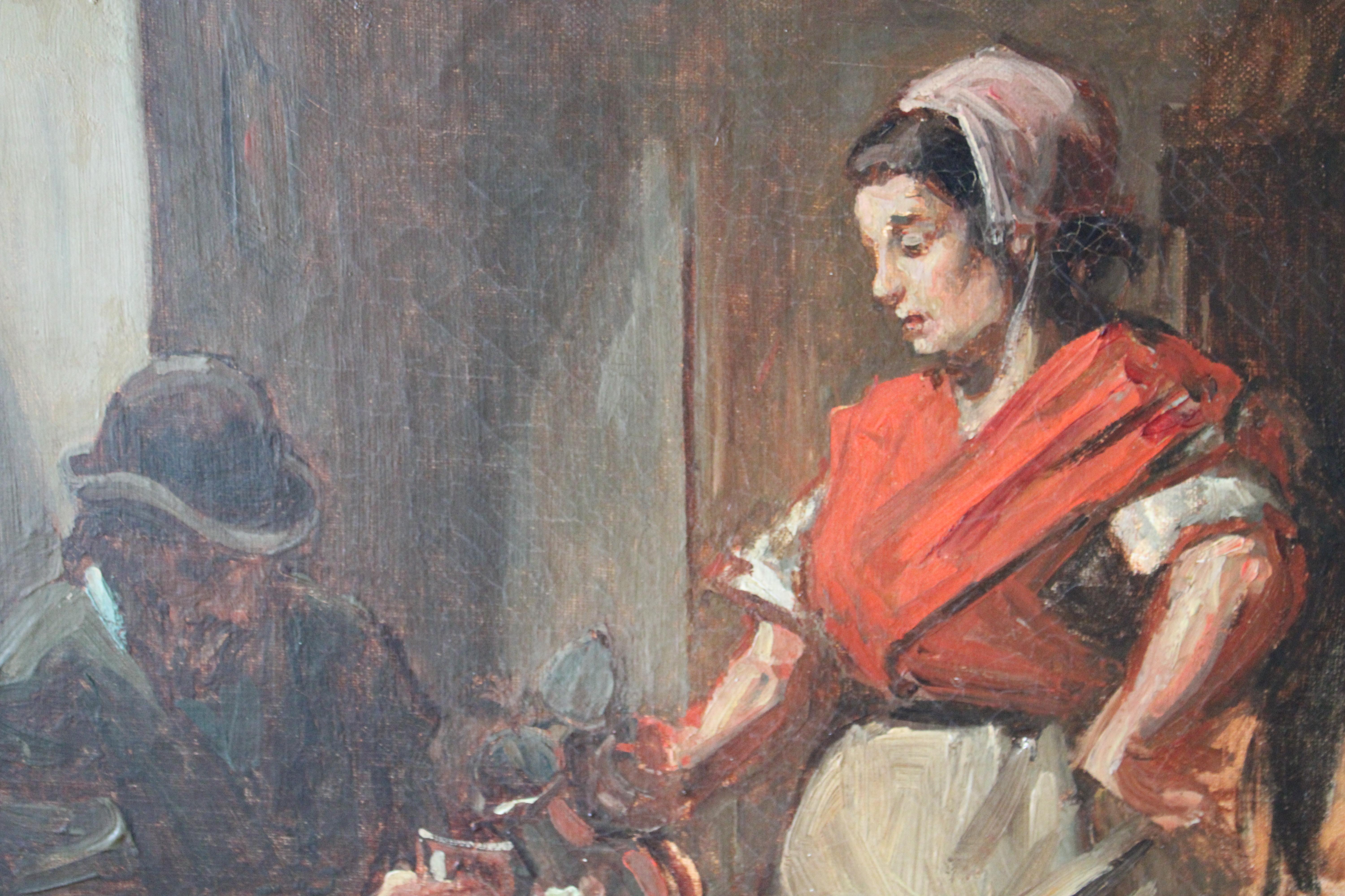 Antico dipinto figurativo a olio su tela di una donna che serve un uomo in una taverna - Painting di Unknown