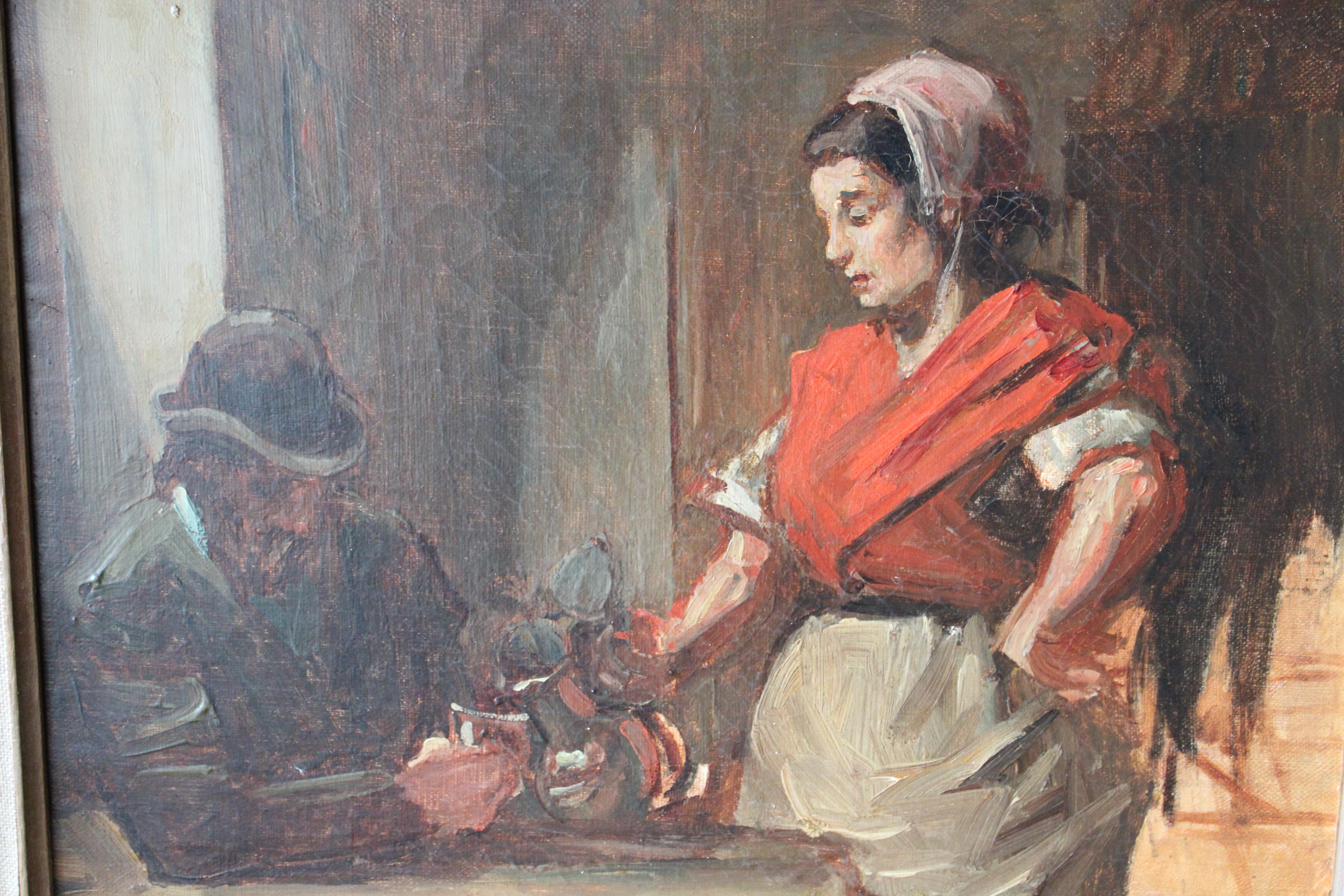 Antico dipinto figurativo a olio su tela di una donna che serve un uomo in una taverna - Figurative Painting Marrone di Unknown