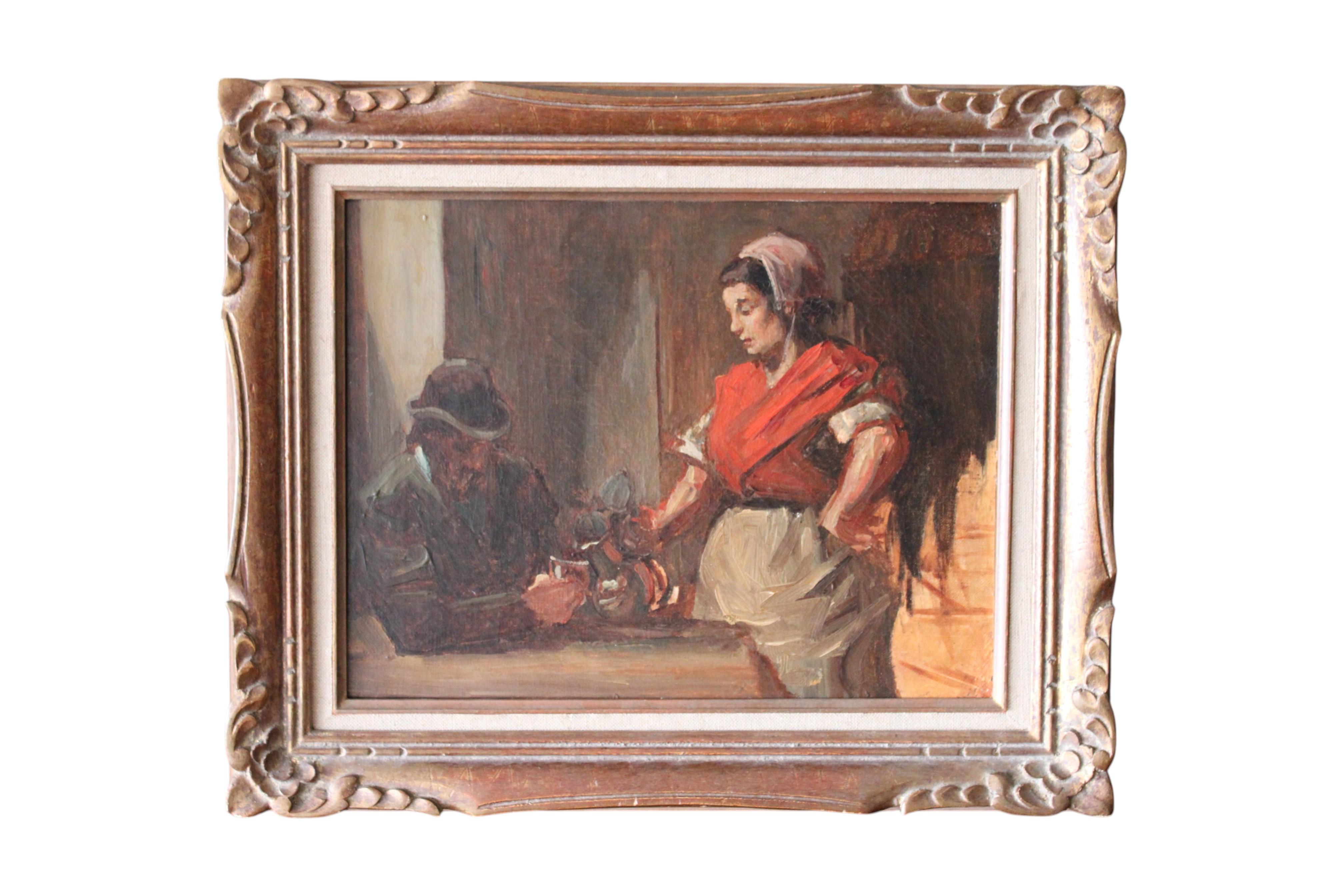 Figurative Painting di Unknown - Antico dipinto figurativo a olio su tela di una donna che serve un uomo in una taverna