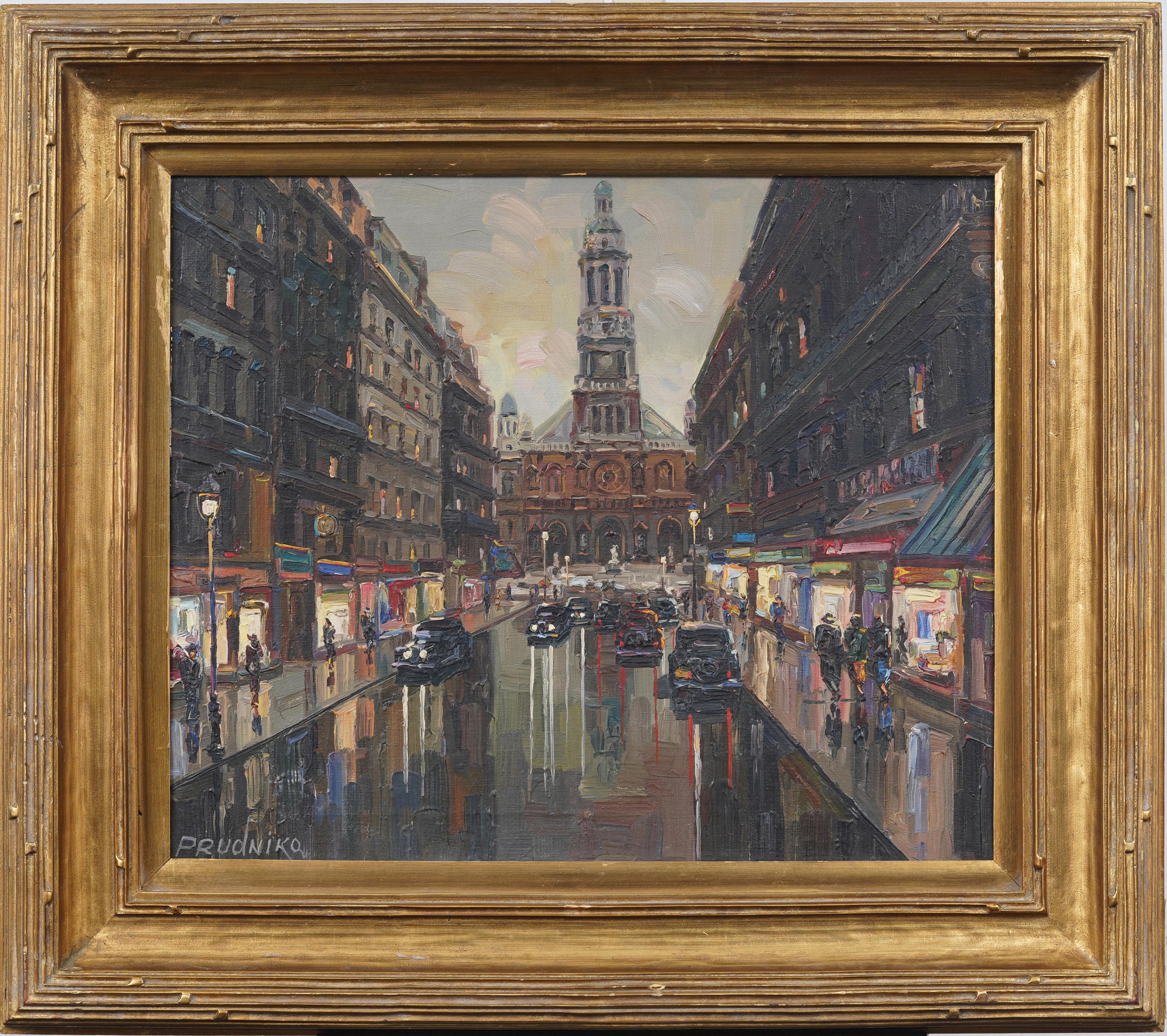Antique Fine Framed French Impressionist Street Scene Paris Signed Oil Painting - Brown Landscape Painting by Unknown