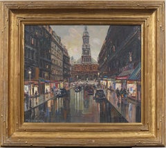 Antique French, con cornice, scena di strada impressionista di Parigi, dipinto ad olio firmato