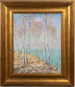 Antique Finely Framed Paper Birch New England Coastal Seascape Original Painting